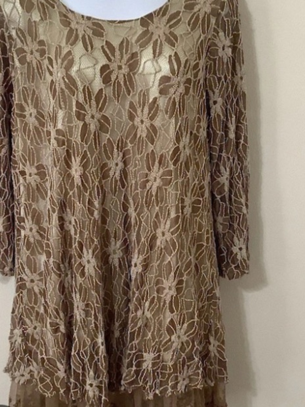 Lady Noiz Tan Floral Lace Long Sleeve Dress